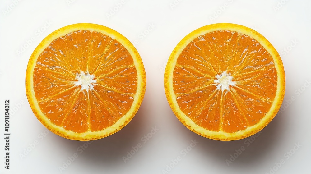 Fototapeta premium Two halves of fresh orange showing juicy texture on white background