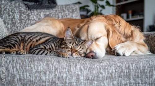 Wallpaper Mural The image shows a dog and a cat snuggling and sleeping together, made using stock Torontodigital.ca