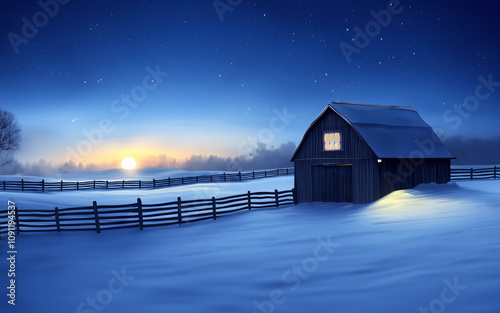 Snowy Winter Farm with Warm Barn at Dawn