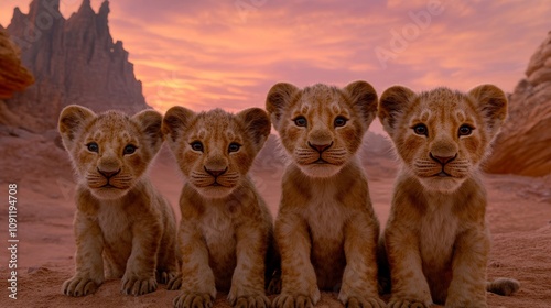 Teenage lions looking directly into the camera in the desert, taken with an ultra-wide angle lens photo