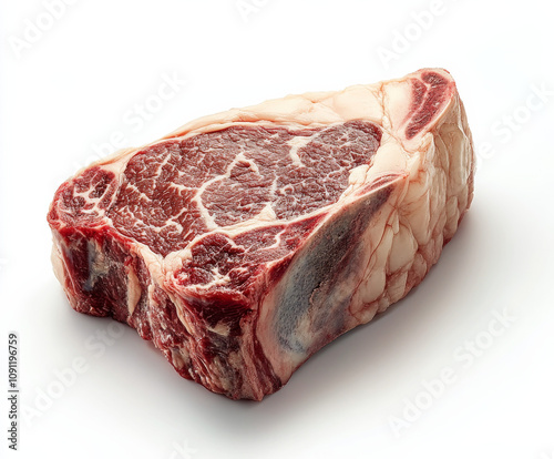 Raw porterhouse steak with visible marbling, isolated on white background photo