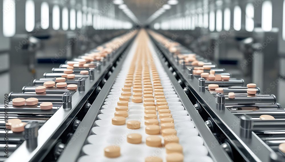Fototapeta premium antibiotic tablet production line, pharmaceutical manufacturing 