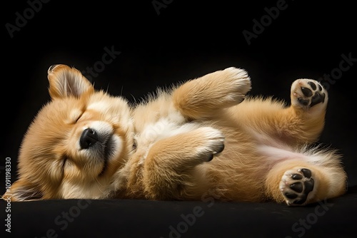 Baby dog sleeping on black background. photo