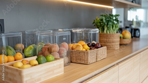 Wallpaper Mural Fresh fruits and vegetables in baskets and containers on a wooden countertop
 Torontodigital.ca