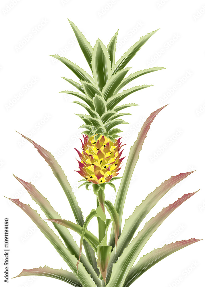 Fotografie Pineapple plant with fruit growing on white background