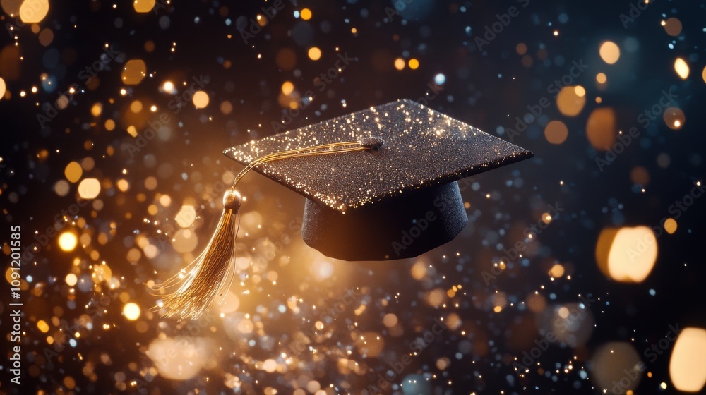 Naklejka premium Sparkling Graduation Cap Celebration, Achievement, Success, Future, Golden, Glitter, Bokeh, Educatio