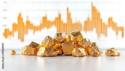 A visual of gold bars and nuggets with a clear, rising stock graph behind them, representing the continuous upward trend of gold prices in the investment sector photo