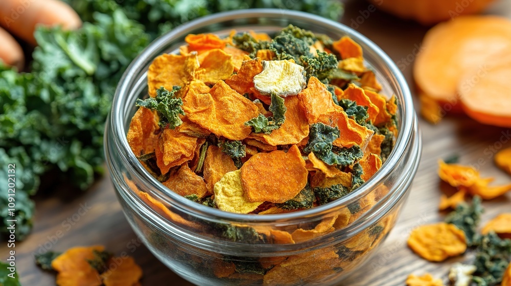 Fototapeta premium A healthy snack mix featuring freeze-dried vegetables like kale and carrots.
