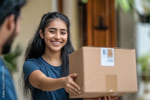 Joyful Woman Handing Package to Courier with a Smile in a Happy Exchange at Home Entry : Generative AI photo