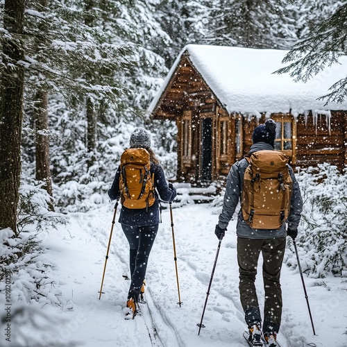 Trekkers backpack and ski in snowy forest