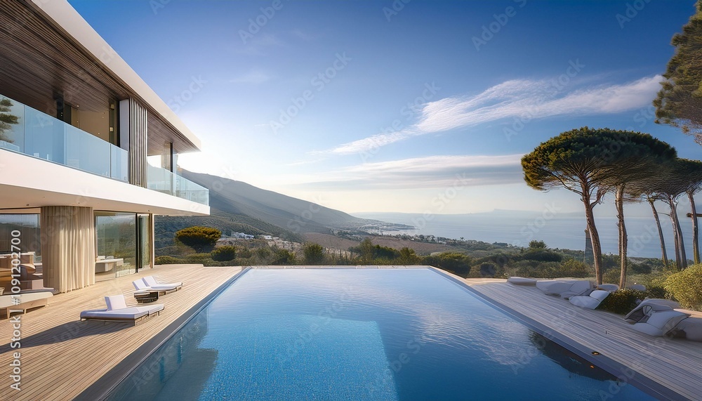 Fototapeta premium Modern Luxury Villa with Infinity Pool and Scenic Views