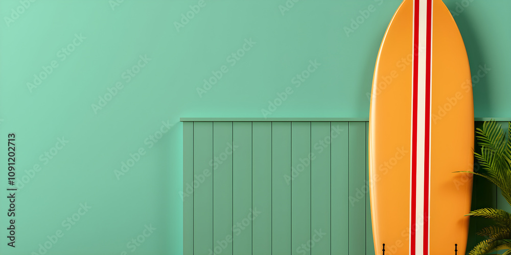 Obraz premium Surfboard on Green Wall Background with Copy Space Summer Vacation Beach Decor