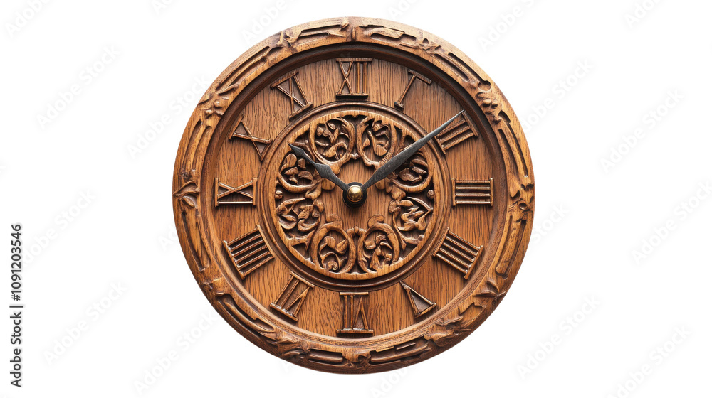 Fototapeta premium Vintage wooden wall clock with Roman numerals and intricate design.