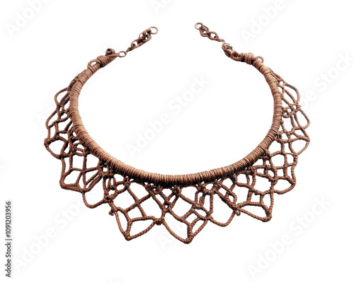 Elegant handmade necklace with intricate design, isolated on white background.