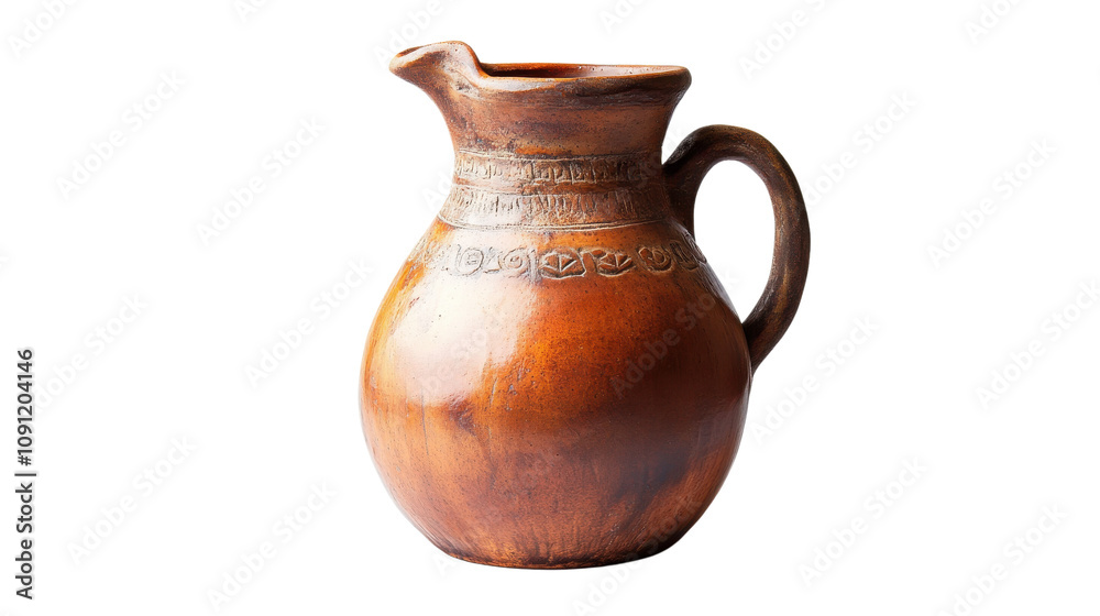 Brown ceramic pitcher with intricate designs, isolated on white background. Brown ceramic pitcher with intricate designs, isolated on white background.