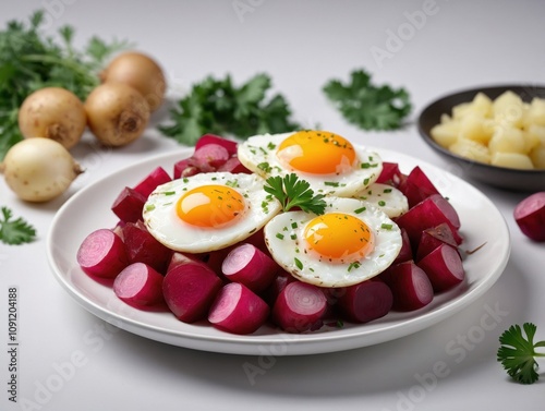 A neatly arranged plate of Pyttipanna served on a pristine white dish. photo