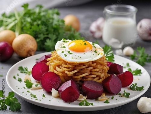 A neatly arranged plate of Pyttipanna served on a pristine white dish. photo