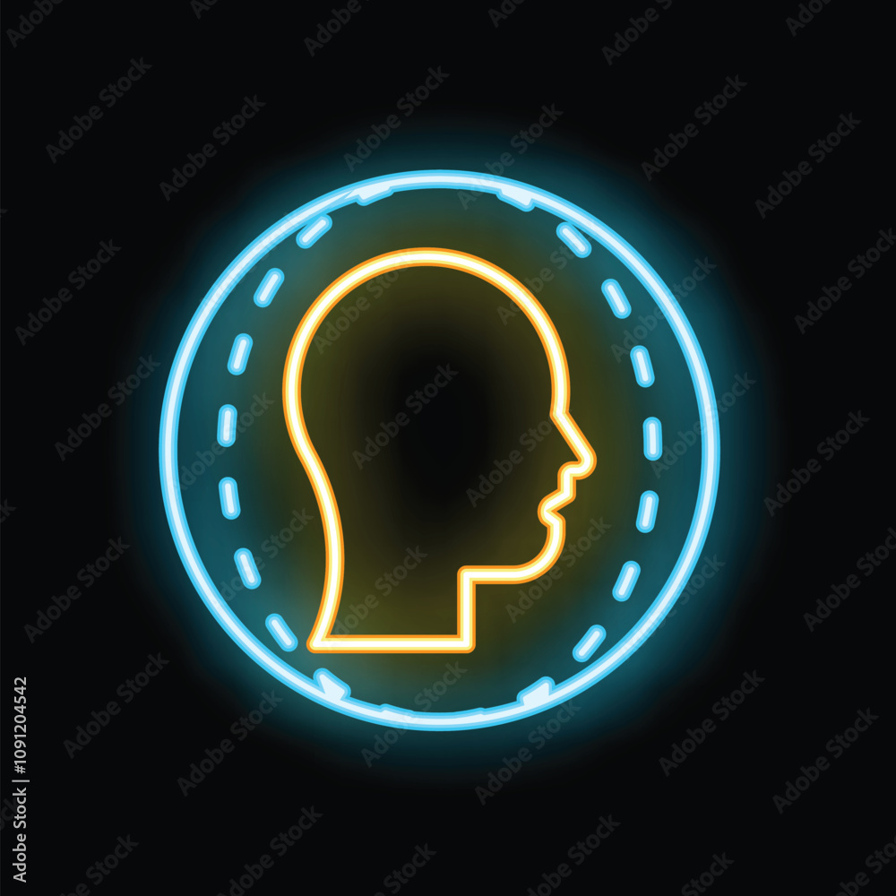Yellow neon sign showing a human head profile inside a coin, representing the concept of artificial intelligence Yellow neon sign showing a human head profile inside a coin, representing the concept of artificial intelligence