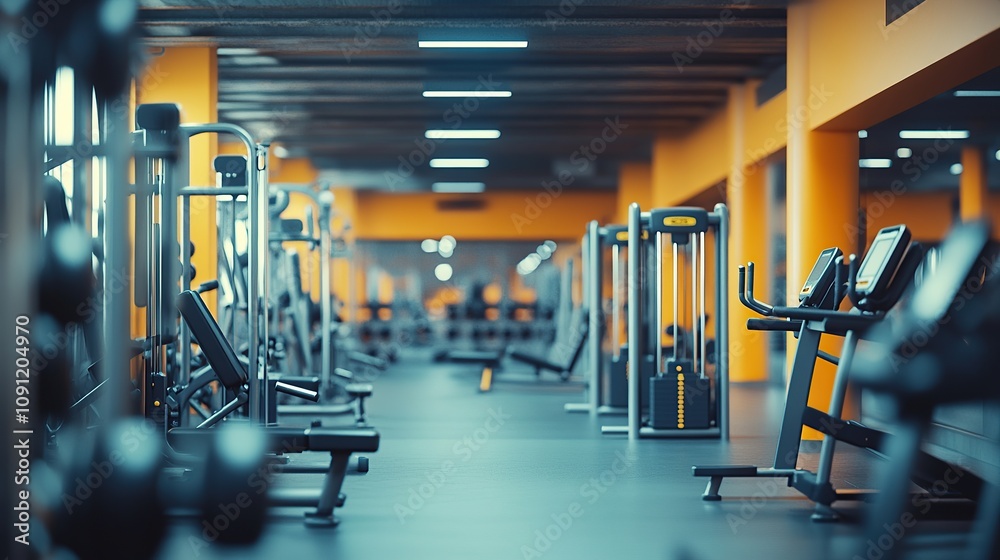 Fototapeta premium A modern gym interior with various fitness equipment and vibrant orange walls.