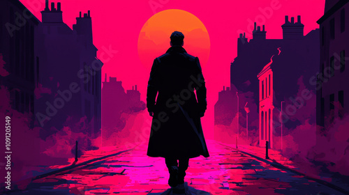 A solitary figure walks through a vibrant cityscape at sunset, evoking feelings of mystery and introspection.