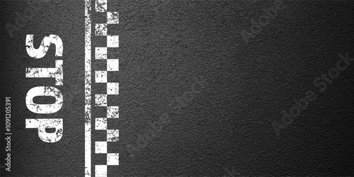 Asphalt road with stop lane marking, concrete highway surface, texture. Street traffic line, road dividing strip. Pattern with grainy structure, grunge stone background. Vector illustration