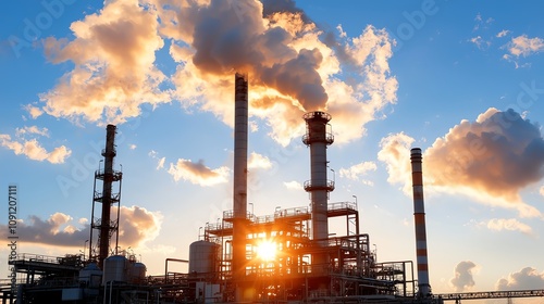 Industrial smokestacks releasing steam, fuel processing plant, clean atmosphere