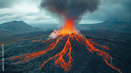 Volcanic Eruption: Molten Lava Flowing Down Volcano photo