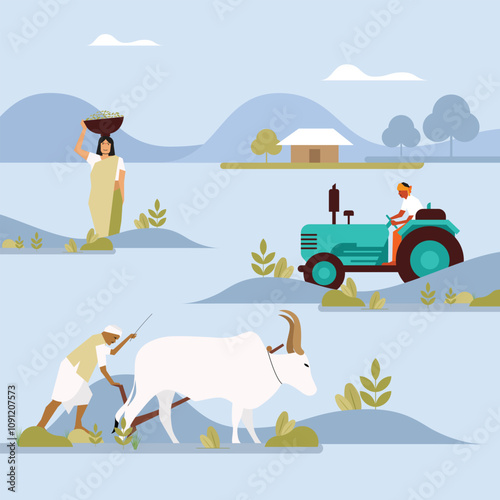 Indian Farmer In Farm Flat Vector