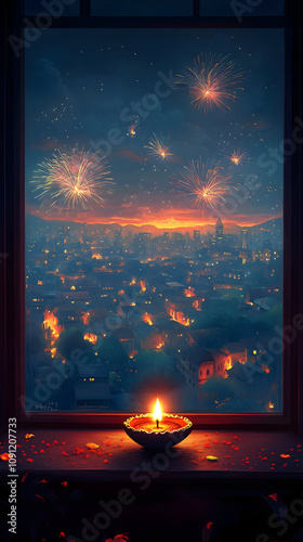 Diwali Celebration with Fireworks and Diya Candle View from Window