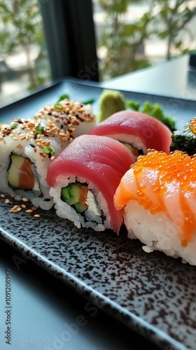 Sushi handrolls with fresh fish and vegetables restaurant food photography indoor close-up culinary delight photo