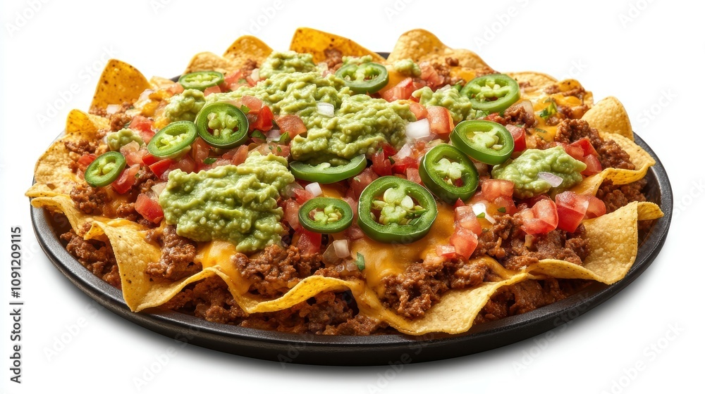 Delicious plate of nachos with cheese jalapenos and guacamole restaurant food photography cozy dining flavorful experience Delicious plate of nachos with cheese jalapenos and guacamole restaurant food photography cozy dining flavorful experience