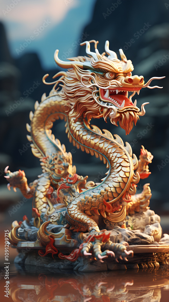 Obraz premium Golden Dragon Statue Chinese Mythology Asian Culture Feng Shui Decoration