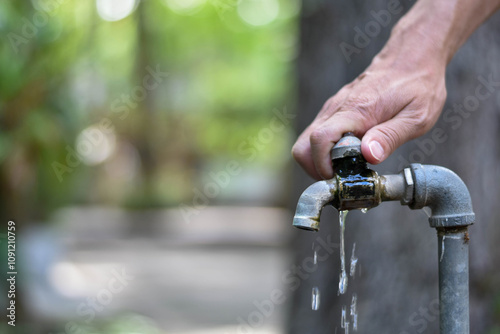 Water conservation concept.. Hand turning off a dripping faucet,  saving water, with droplets visibly falling from the tap, highlighting the need to stop unnecessary wastage for a sustainable future. photo