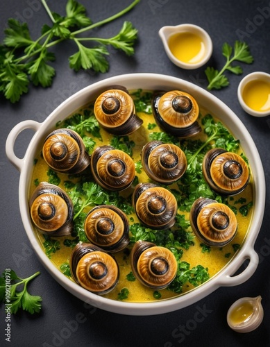 A white bowl holds twelve brown and black snail shells, surrounded by green parsley and yellow olive oil, with a dark background. photo