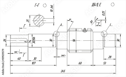 Assembly drawing of worm shaft of electrical reducer.
Vector design of steel mechanical device with dimension lines.
Engineering technic cad scheme on white
paper sheet. Hand drawn machine part sketch