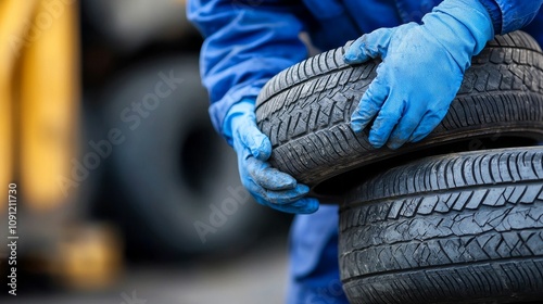rubber natural tires concept, A person wearing blue gloves is stacking two used tires, showcasing a focus on tire handling in an industrial or automotive setting.