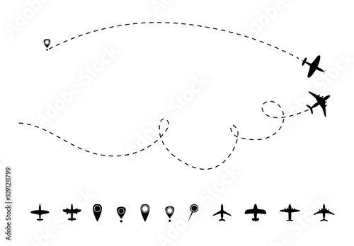 continuous one-line drawing of an airplane with a trailing line and space for text. Minimalistic and modern design. Vector illustration.