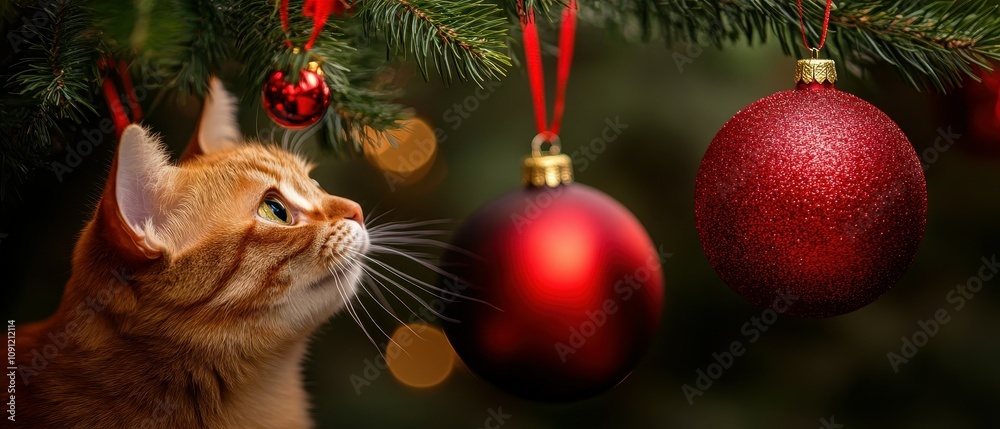 Obraz premium Cat playing with christmas ornaments cozy home holiday decor indoor setting playful mood festive spirit