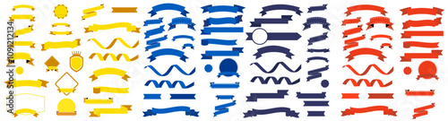 ribbons and banners featuring labels, tags, and quality badges, ideal for bandeau designs and branding. Vector illustration.