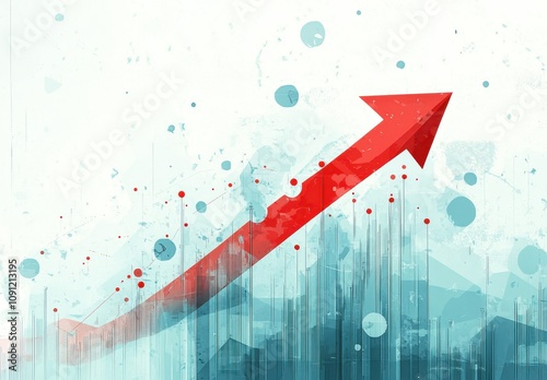 Abstract Representation of Increasing Growth Trend with Bold Red Arrow and Turquoise Background Illustrating Success, Progress, and Development in Business or Finance photo