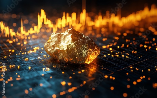 A radiant gold nugget accompanied by a rising graph line, representing the booming gold trading market and its positive investment growth trends photo