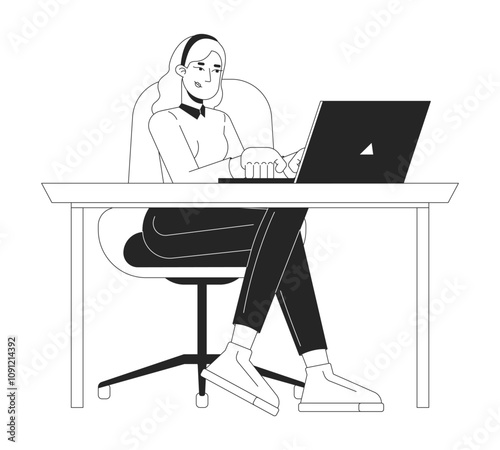 European woman freelancer working on laptop black and white 2D line character. Young female programmer writing code on computer isolated vector outline person. Monochromatic spot illustration