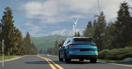 electric car drives along a road through green forest