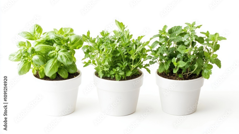 Fresh potted herbs (basil, parsley, mint) arranged on a clean white background, emphasizing their freshness. Fresh potted herbs (basil, parsley, mint) arranged on a clean white background, emphasizing their freshness.