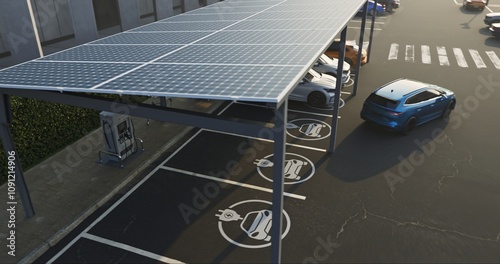 Modern parking lot featuring solar panels