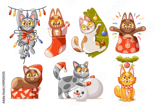 Merry Christmas and Happy New Year funny cats cartoon characters playing having fun isolated set