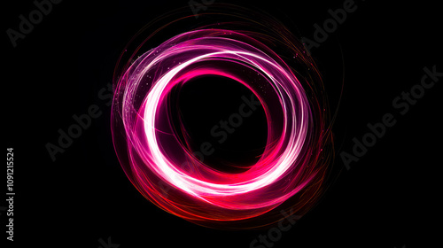 Airy digital neon pink tech circle on black background. Science, futuristic digital technologies concept.
