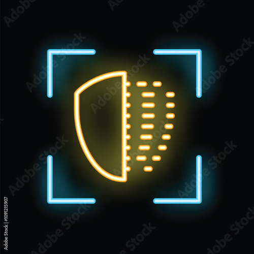 Neon half tone shield representing vulnerability in digital world with glowing lines