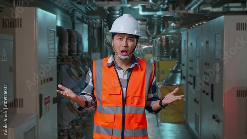 Wondering Asian Male Engineer With Safety Helmet Saying Why Working Doubtfully In Engine Control Room, Work Of Electrical Generators photo