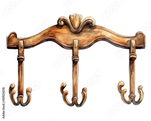 Elegant wooden coat rack with ornate design, three hooks, isolated on white background. photo